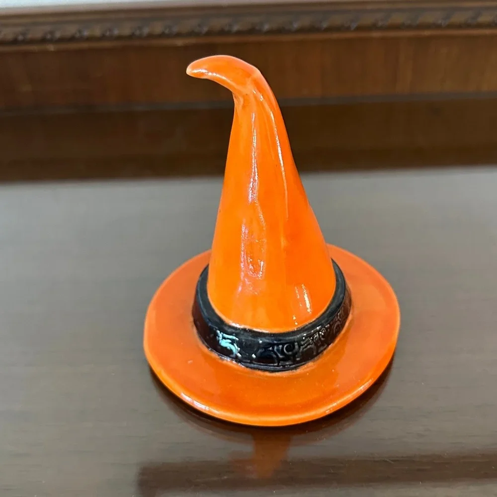 Handmade Ceramic Orange Witch Hat Figurine Halloween Decor Bats Cat 4''